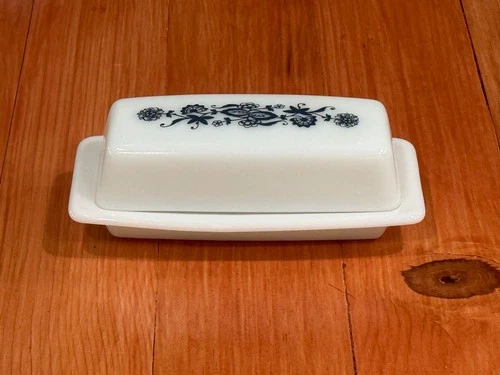 vintage pyrex butter dish with lid milk glass old town dark blue onion