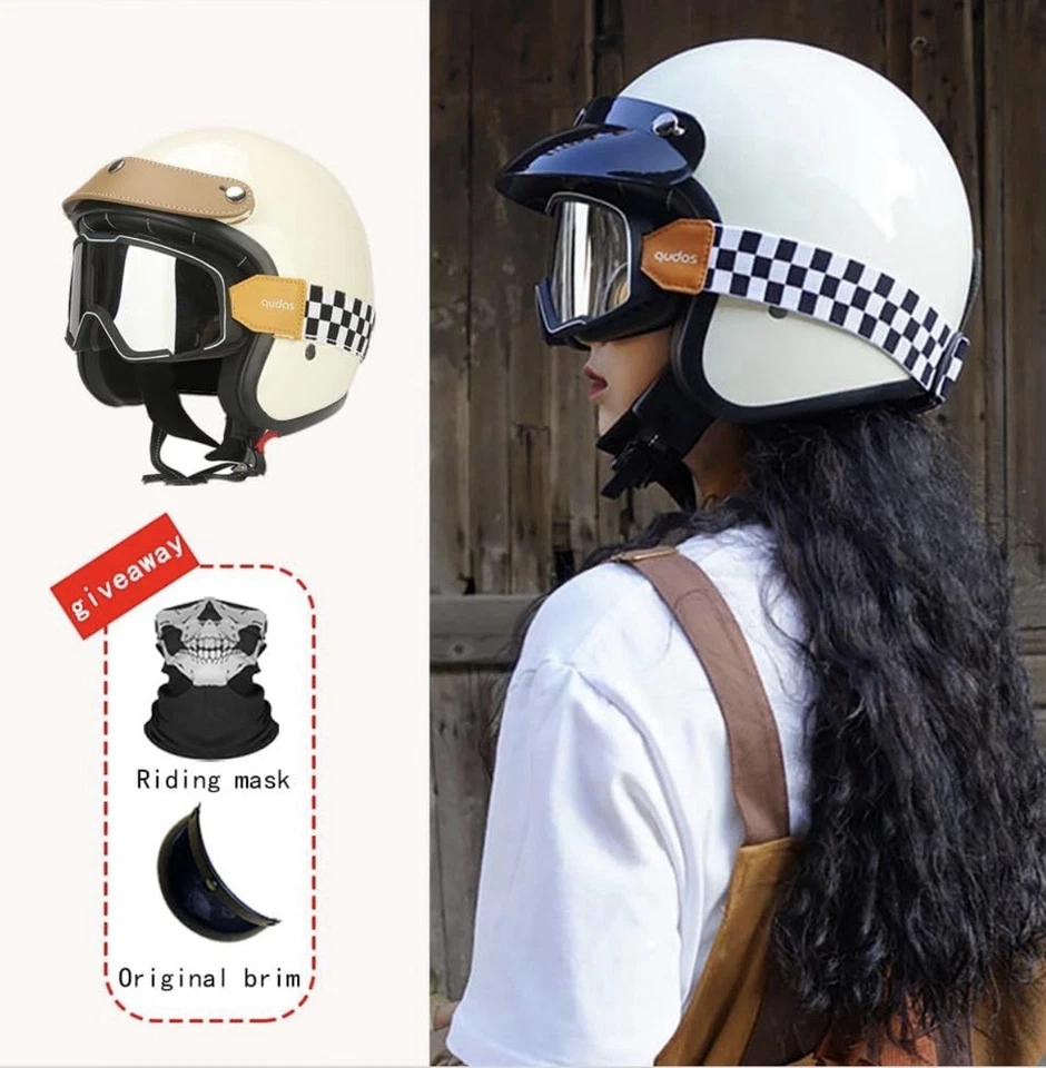 Casco de motocicleta Qudas cara abierta adultos DOT 3/4 retro talla S 555 blanco Foto 2 de 4