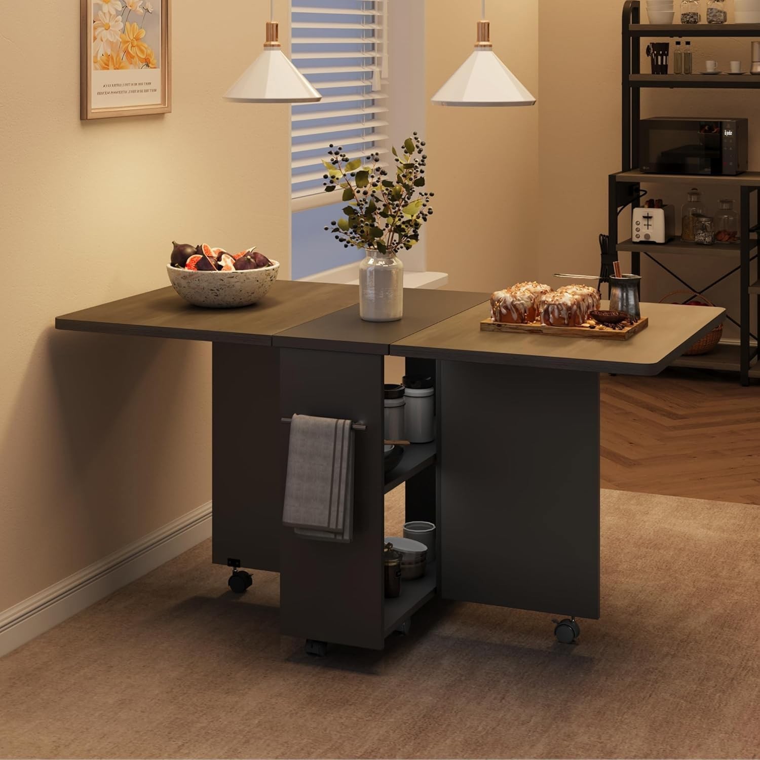 DISHENGZHEN Foldable Dining Table with Adjustable Shelves, Space-Saving and Convertible into Bookshelf, 1.4M Kitchen Table that's Easy to Store. 27 Folding Dining Table w/ Drop Leaf, Space Saving Kitchen Table w/ Storage Shelves