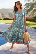 Soft Surroundings Womens Petite PL Tiered Cap Sleeve Floral Maxi Dress Multi