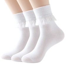 SRYL Women Ankle Socks Lace Turn-Cuff, Cute Ruffle Frilly Comfortable Cotton ...