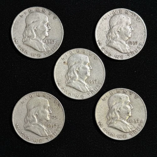 5 Lot - 1957 D Franklin Half Dollars in Fine Condition 90% Silver 50 Cent Pieces