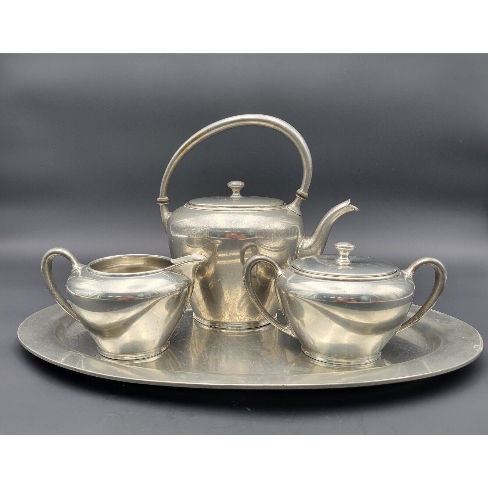 Vintage Pewter WALLACE Tea pot with sugar bowl and creamer RARE