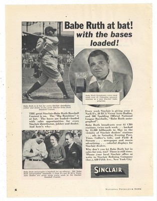 1937 Sinclair Oil Ad: Babe Ruth Baseball Contest Promotional - CBS Ratio Show