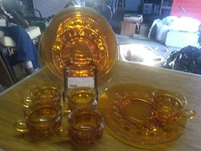 Vintage Indiana Glass Amber King Crown Thumbprint Snack Set 5 Sets