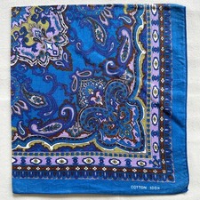 Vintage Bandana Blue Cotton Purple Brown Damask Paisley Pattern Handkerchief 19"