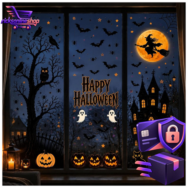 Halloween Fensterbilder Deko Set 8 BöGen Selbstklebend KüRbis Fledermaus Geist-image