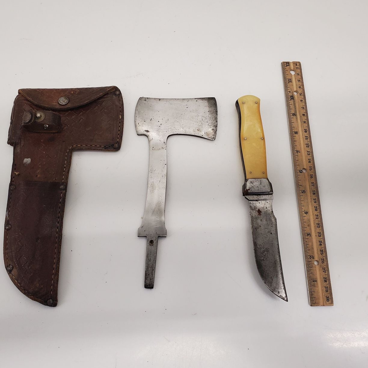 Hatchet & BoneHandled Hunting Knife Combo in Heavy Belt Loop Leather