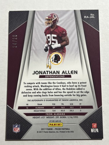 2017 Panini Prizm Jonathan Allen Camo Rookie Auto /25 Bears - Picture 2 of 2