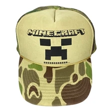 RARE Retro Minecraft Hat Cap Mesh Back Snap Back Green Camo Braid One Size Men