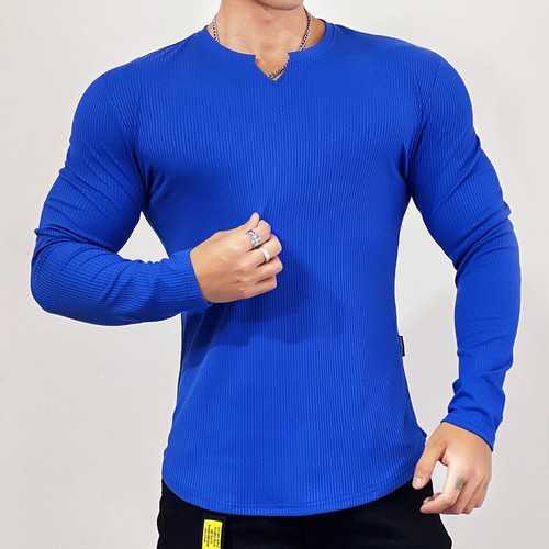 T-shirt sportiva uomo sportiva aderente fitness manica lunga righe tinta unita elasticizzata - Foto 17 di 25