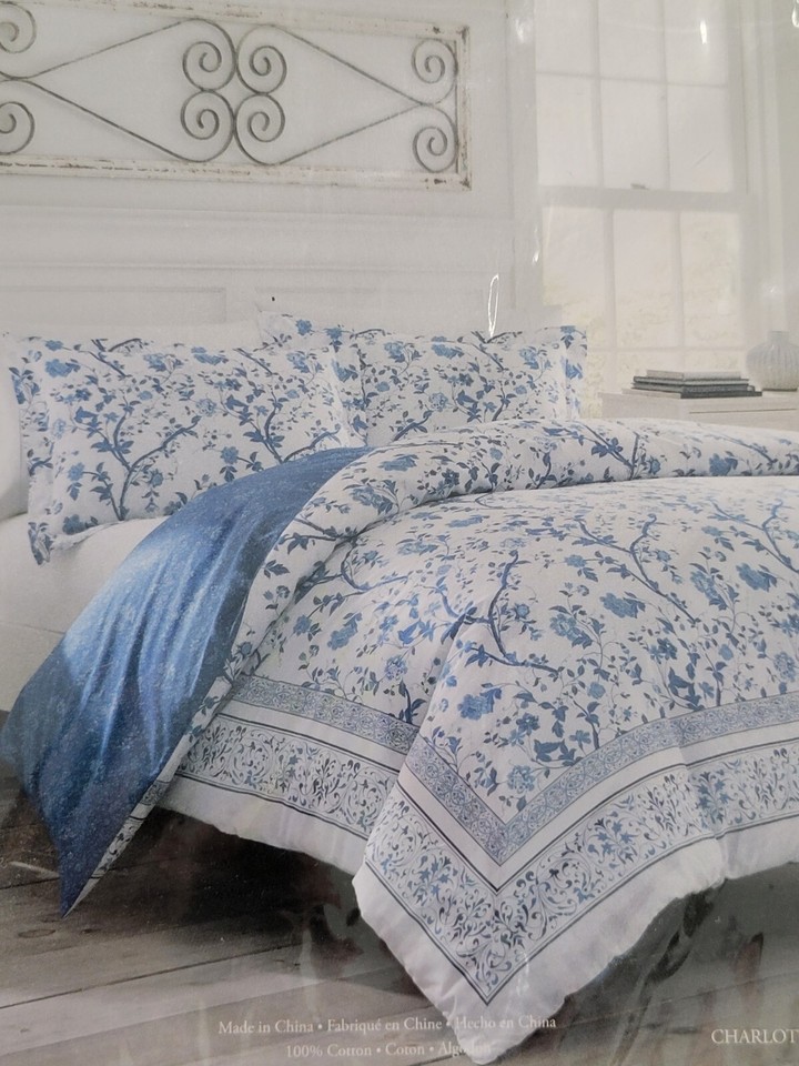 Laura Ashley Charlotte Twin Duvet Cover Sham Set Blue White Floral eBay