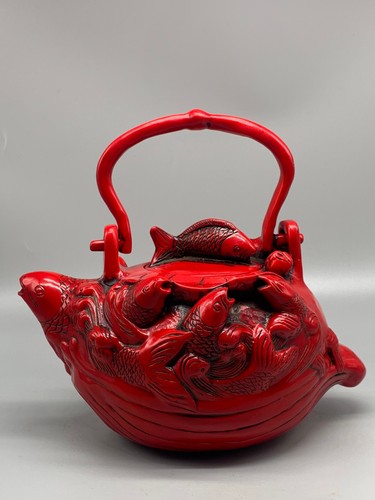 Chinese red coral color stone hame carven gold fish shape exquisite teapot - Picture 3 of 9