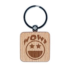 Wow with Happy Face Star Eyes Teacher Motivation Engraved Wood Square Keychain
