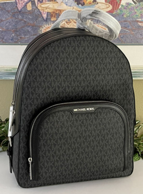MICHAEL KORS WOMENS LARGE ZIP POCKET BACKPACK BAG TRIP TOTE MK BLACK LOGO SILVER