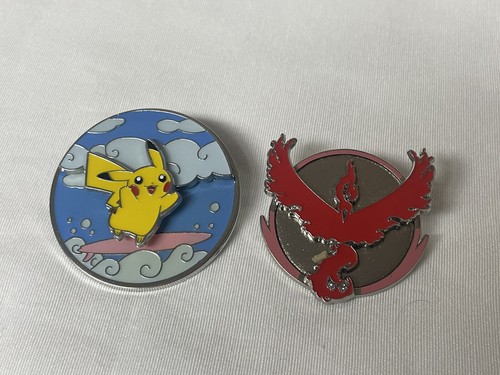 2 Pokemon Go TCG Team Badges Valor Articuno, Surfing & Flying Pikachu Pin