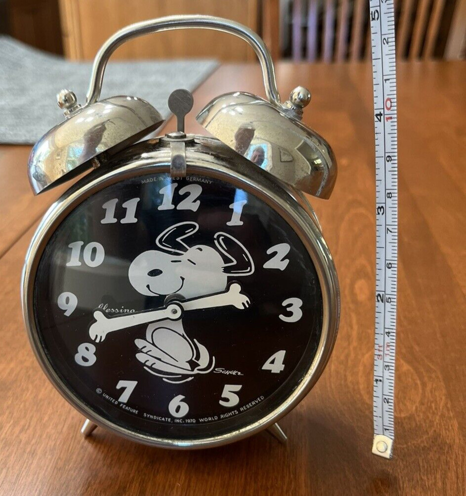 1970 Peanuts Snoopy Blessing Chrome Alarm Clock WORKING All chrome, manual wind