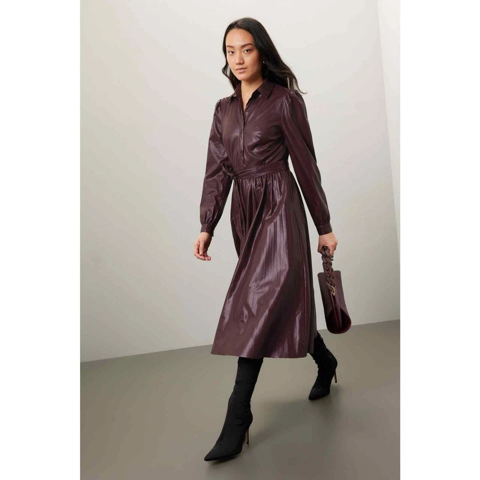 Vestido Camisa Peter Som Plisada Imitación Cuero Marrón Manga Larga Midi Talla 4 Foto 4 de 4