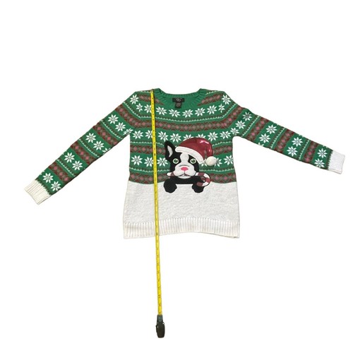 Cute Ugly Chistmas Sweater Girls X Large French Bulldog Green Sequin Hat - Picture 11 of 12