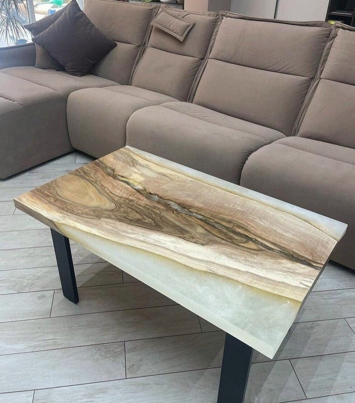 Modern White Resin Epoxy Coffee Table with Walnut Accents