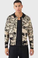 BoohooMAN Long Sleeve Palm Patterned Knitted In Black Shirt Men's MEDIUM NWT