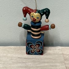 VTG Wooden Jack in the Box Clown Ornament Hand Painted Festive Jester Decor