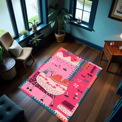 Pink Camel Rug Boho Kids Carpet Desert Theme Nonslip Play Mat Scandinavian Decor
