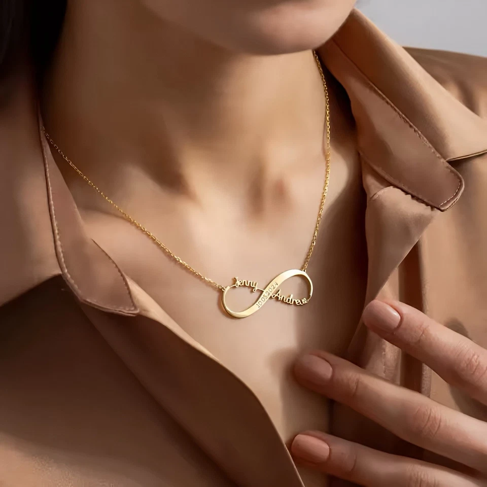 Infinity Namenskette mit 2 Namen & Datum personalisiert 18K vergoldet - Bild 3 von 4