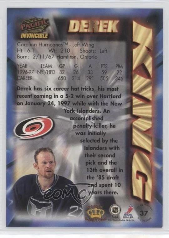 1997-98 Pacific Invincible NHL Regime Derek King #37 - Image 2 of 2