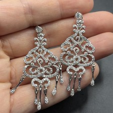 Stunning 925 Sterling Silver Openwork Cz Dangle Pave Earrings Bridal 1.75  9.7g