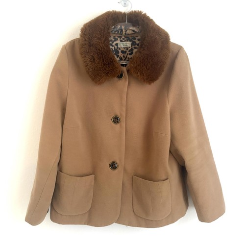 Laura Ashley, Laura Ashley Vintage Camel Wool Pea Coat Fur Collar Leopard Print XL