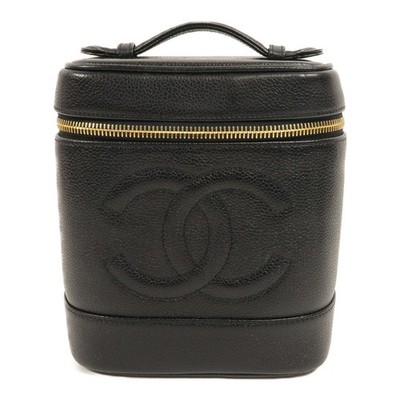 CHANEL CC GHW Vintage Vanity Case Hand Bag Calfskin Leather Black