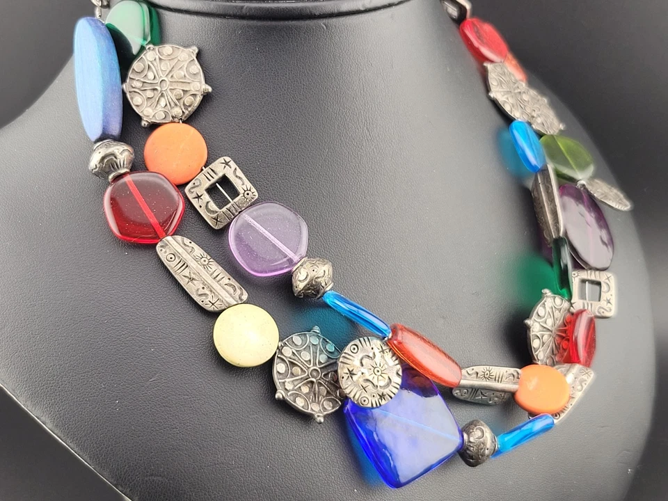 Colorido Collar Firmado Chico's Grueso Vidrio Moneda Plateado 2 Hilos 18" Foto 3 de 4