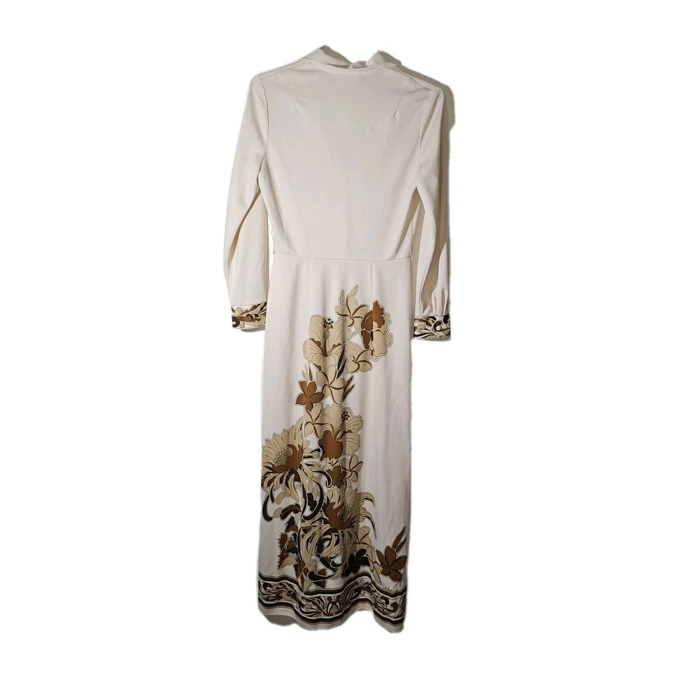 Maxi Vestido ALFRED SHAHEEN Años 60 70 Largo Vintage Talla 14 Beige Marrón Floral Foto 2 de 4