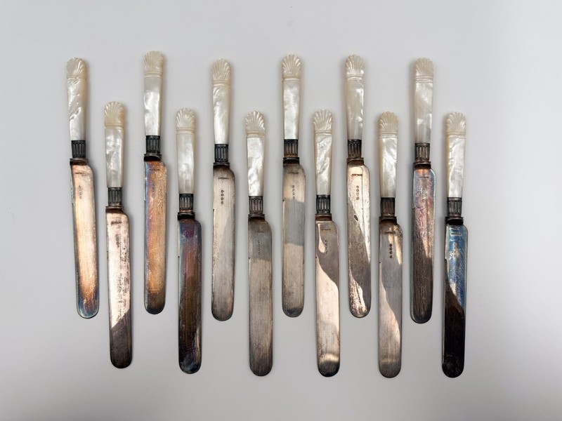 England Silverplate 8 7/8" Knives Carved Mother of Pearl Handles Set 12 Butter