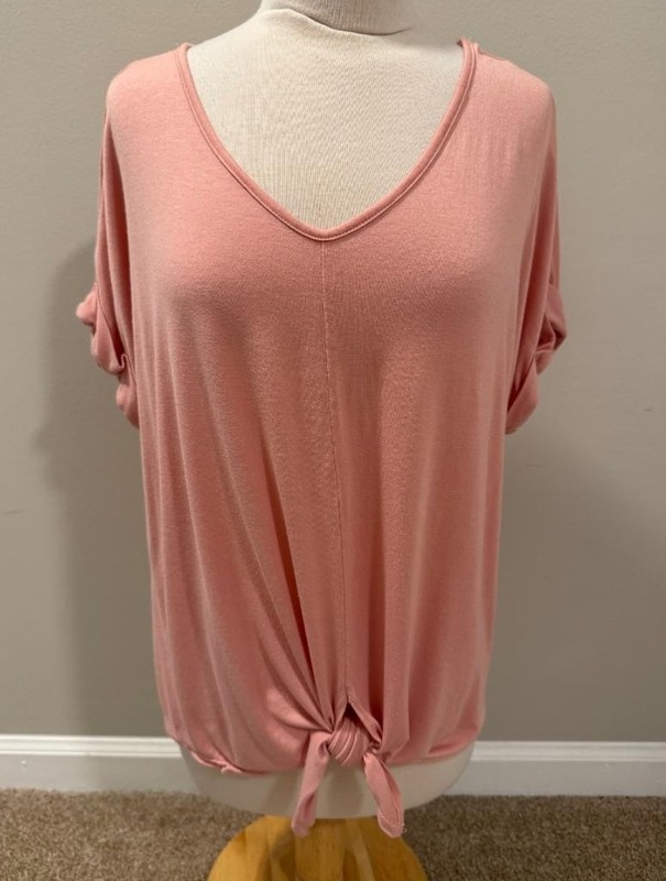 Womens Large Wasabi & Mint Pink Blush Tie Front Top Short Sleeve V-Neck Blouse