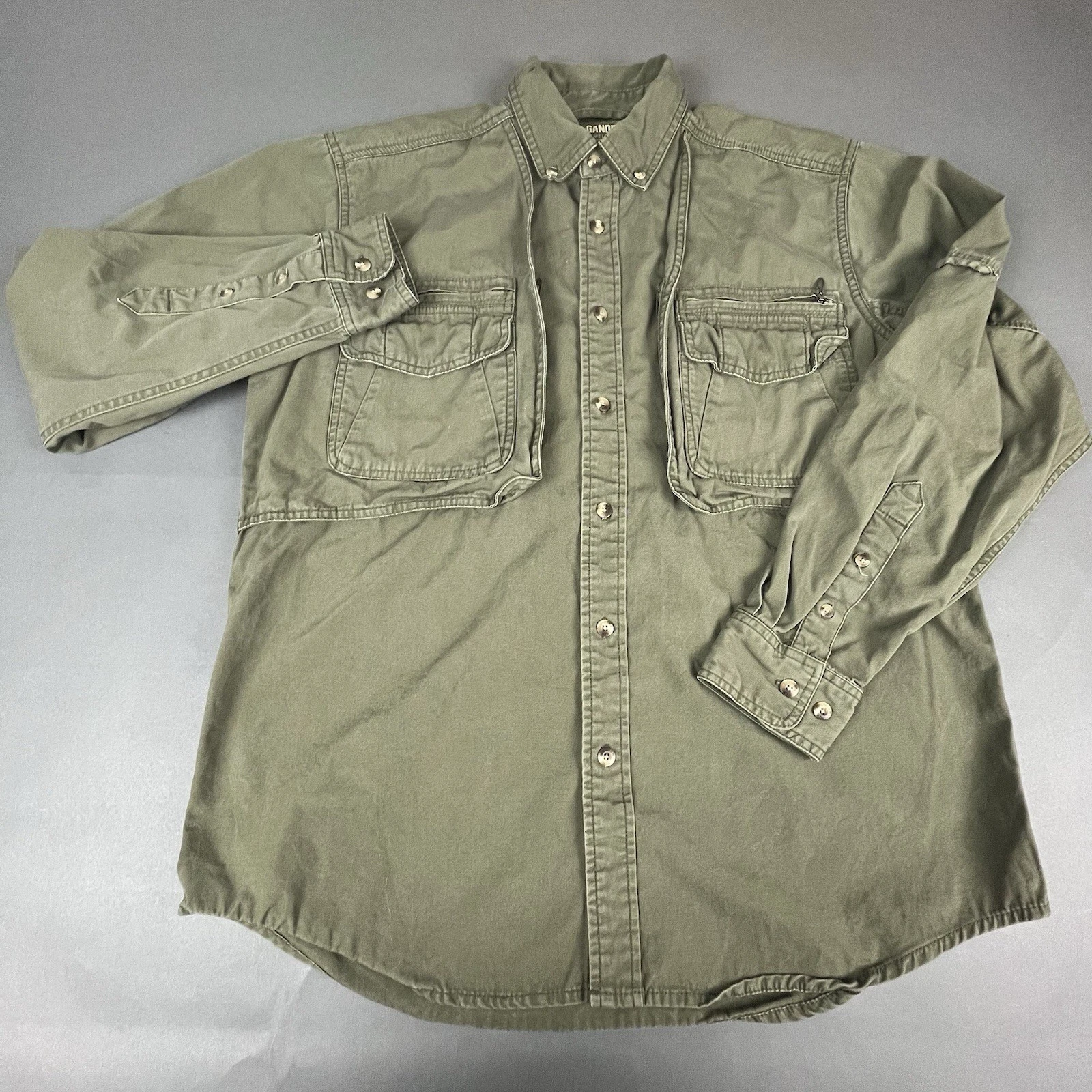 Gander Mountain Hiking Outdoor Shirt Men Size Medium Olive Green 6 Pockets L/S