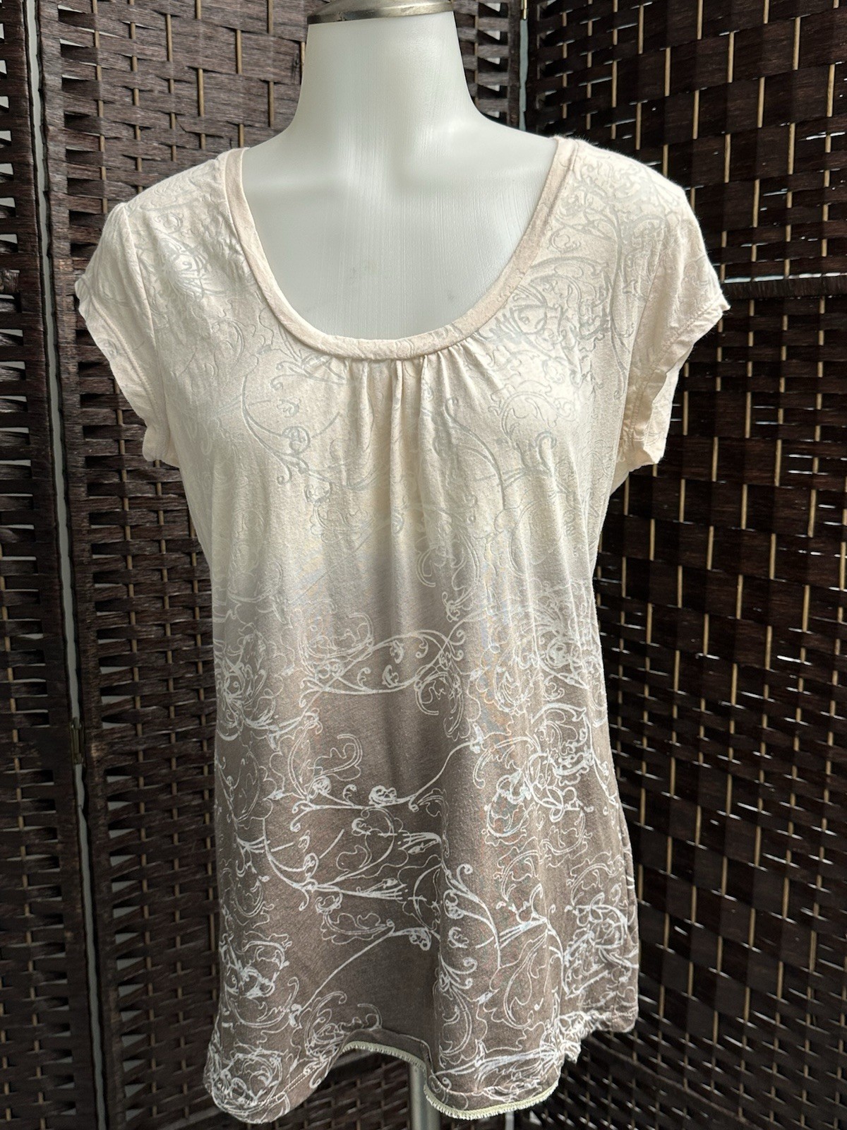 Calvin Klein Womens Top Sz M V-Neck Brown  & Peach T-shirt Cap Sleeve Cotton