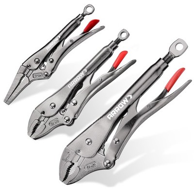 Arrow 3-Piece Locking Pliers Set - 6.5'' Long Nose and 7'' & 10'' Curved Jaw Loc...
