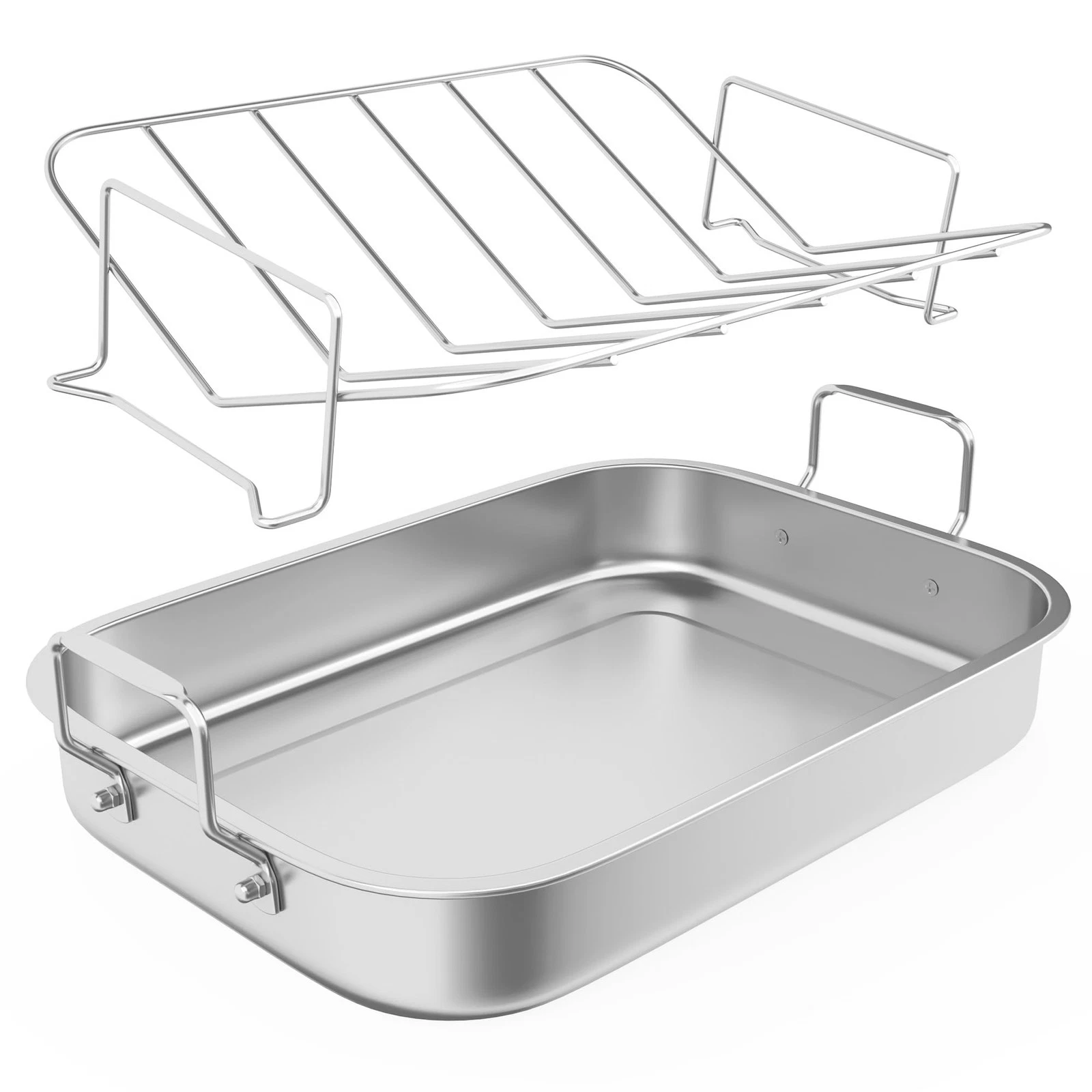 Sunvivi 15.6'' Roasting Pan with V-Shaped Rack, Rectangular large, Silver