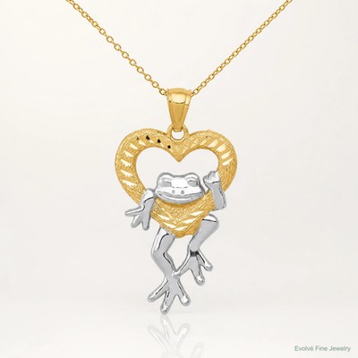 14K Gelb & Rhodium und Rhodium Diamantschliff Frosch im Herz Anhänger