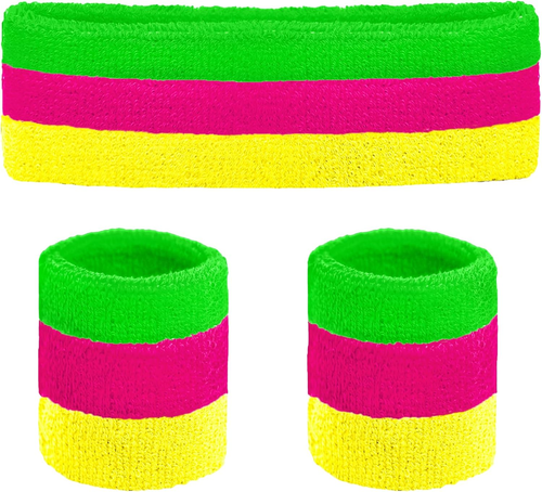 Aoreun Polsini Tennis anni, 80 Neon Sweatband Set 80s 20 Pezzi Polsini Palestra 4 Colori Retro Party Accessori, Fasce Antisudore per costume Sport Carnevale Serata Stretch Party