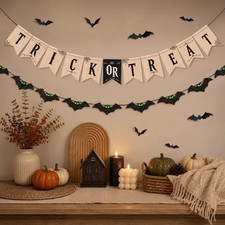 Pre-Strung Halloween Banner Set, Trick or Treat Burlap  Glow In Black