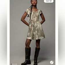 Anthropologie-XL-green floral-flutter sleeve, square neck, mini, BoHo, dress.