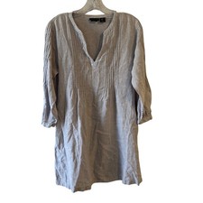 Tahari Linen V Neck Pintuck Tunic Shirt Dress Gray Size S Minimalist Casual