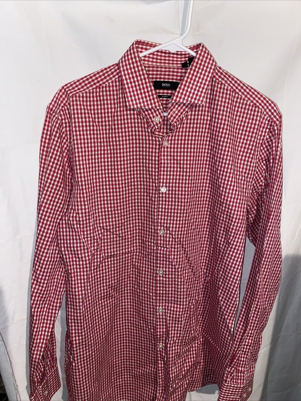 Hugo Boss Shirt Mens  L Red Gingham LS Casual Point Collar 16.5 34/35 Slim Fit