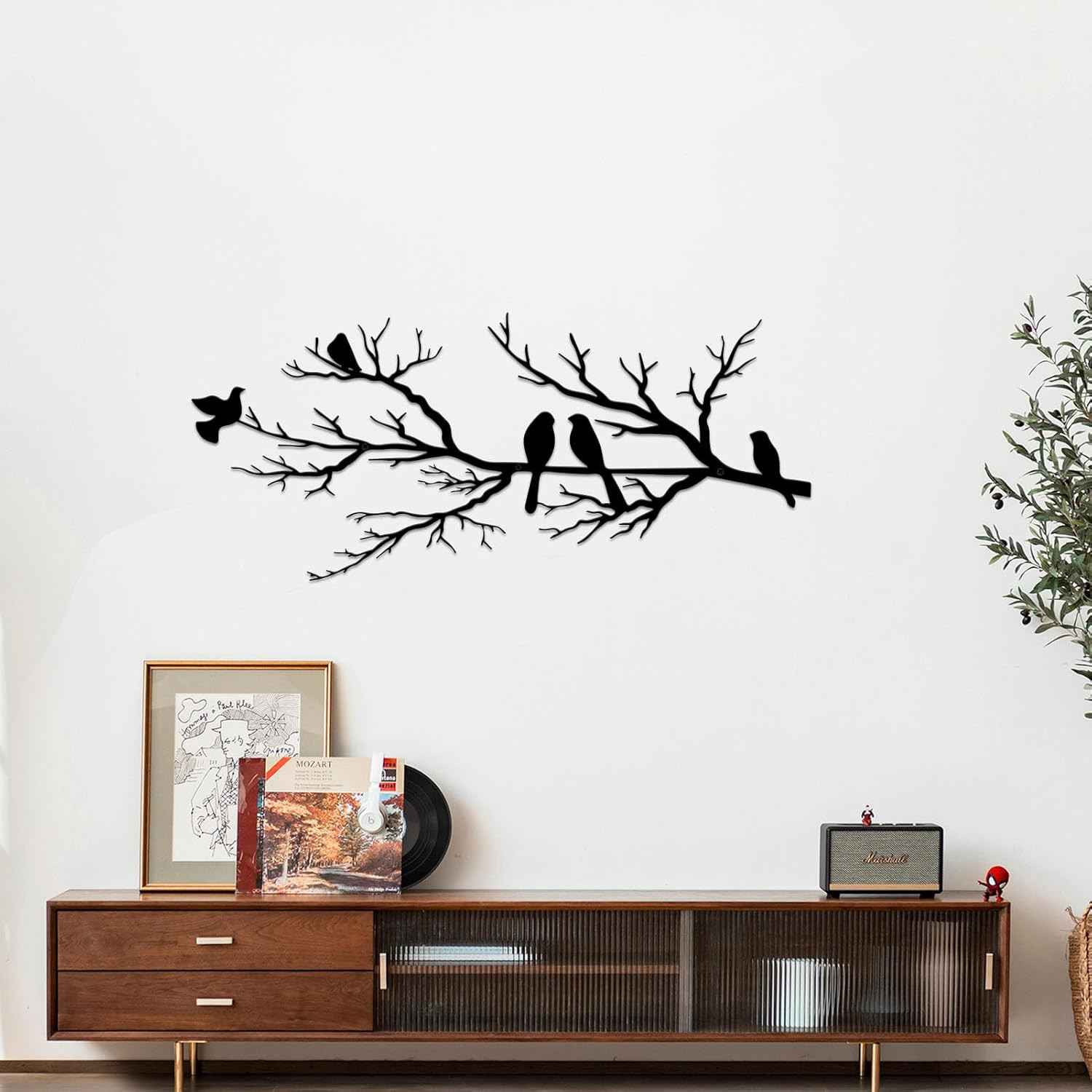Metal Birds Wall Art, Metal Vivid Birds on Branch Silhouette Wall Decor Black Le