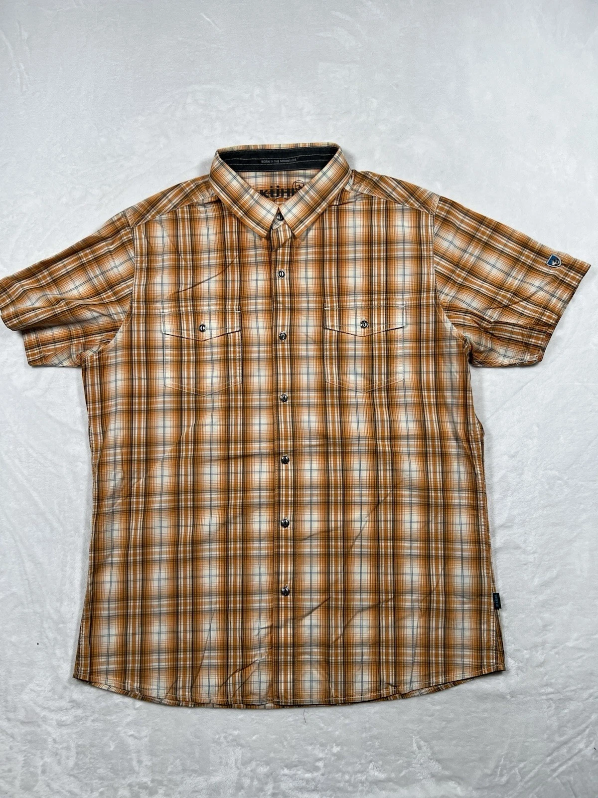 Kuhl Shirt Mens Large Orange Plaid Linen Cotton Button Up Pockets