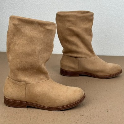 H&M Girls Faux Suede Slouch Boots Tan Beige Pull On Flat Winter Shoes Size US 1