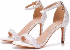 Womens Full Pearls Heels Sandal Stiletto Peep Toe Shoe Bridal Wedding White 10.5